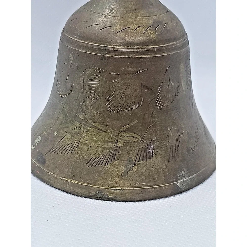 Vintage Brass Wood Bells Set of 2 Etched Decorative Rustic Bells